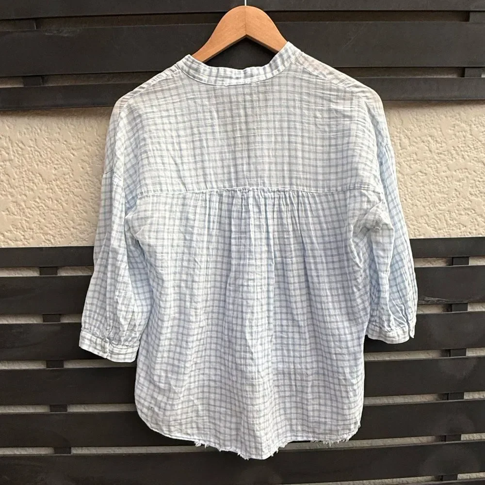 Zara Basic Lightweight Gingham Check Button Front Blouse in Light Blue/White |XS